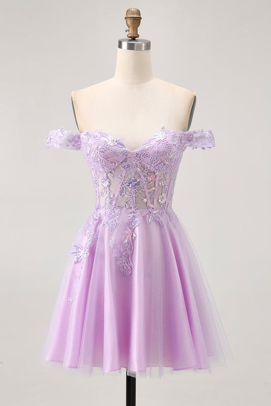 Glitter Lilac A Line Short Corset Homecoming Dress with Appliques