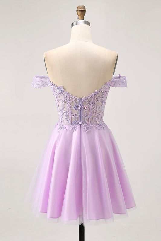 Glitter Lilac A Line Short Corset Homecoming Dress with Appliques