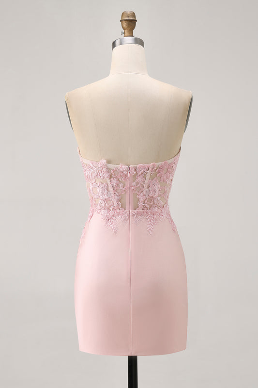 Blush Corset Tight Satin Floral Short Homecoming Dress with Lace