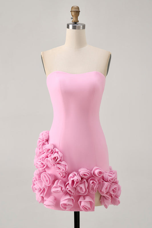 Pink Strapless Satin Tight Short Homecoming Dress with 3D Flowers
