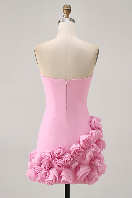 Pink Strapless Satin Tight Short Homecoming Dress with 3D Flowers