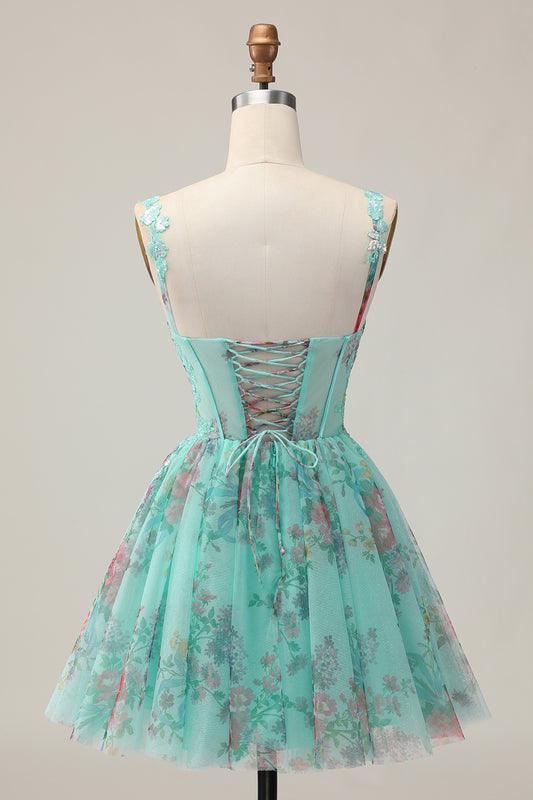 Sparkly Green Corset Floral A Line Short Homecoming Dress with Sequins
