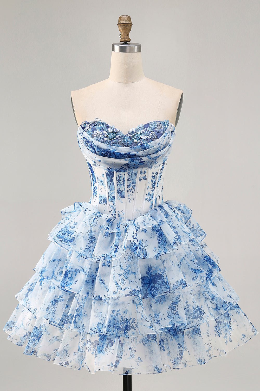 Zapakasa Women Sparkly White Blue Flower Corset Short Homecoming Dress Ruffled A Line Sweetheart Tiered Cocktail Dress with Appliques Zapakasa Women Sparkly White Blue Flower Corset Short Homecoming Dress Ruffled A Line Sweetheart Tiered Cocktail Dress with Appliques
