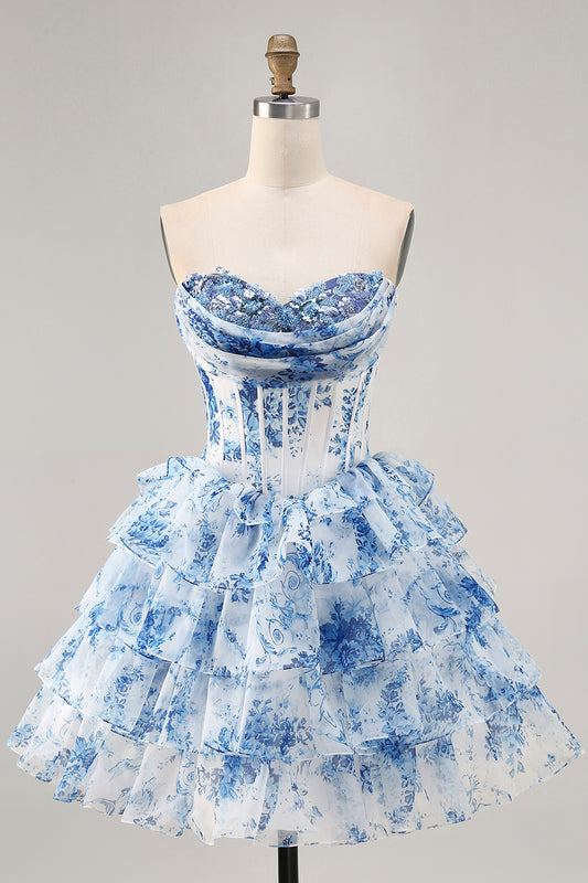 Sparkly White Blue Flower Corset A Line Short Homecoming Dress with Ruffles