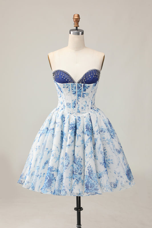 Sparkly White and Blue Floral Corset Short Homecoming Dress with Beading