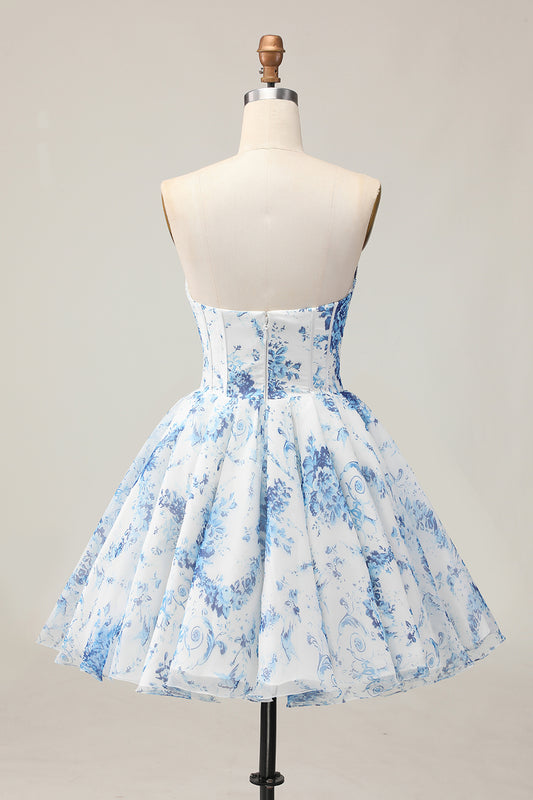 Sparkly White and Blue Floral Corset Short Homecoming Dress with Beading