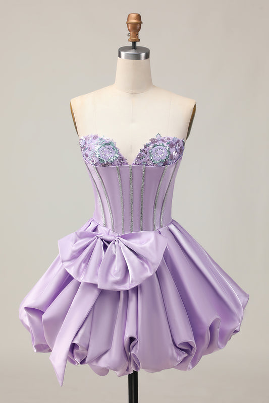 Sparkly Purple Corset Beaded Sweetheart Short Homecoming Dress with Bow