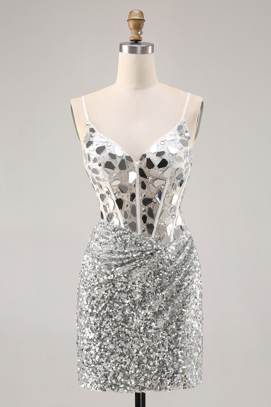 Sparkly Silver Sequins Corset V-Neck Short Mirror Homecoming Dress