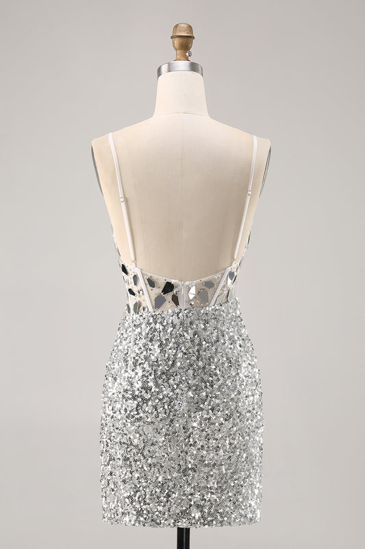 Sparkly Silver Sequins Corset V-Neck Short Mirror Homecoming Dress