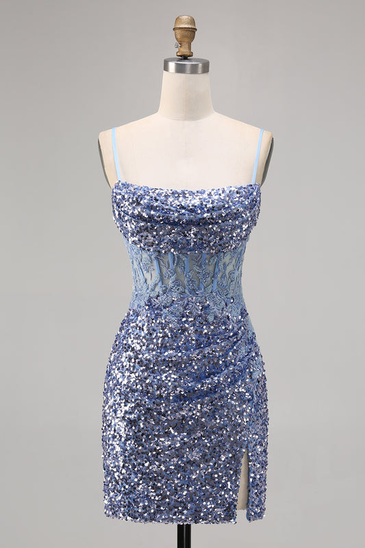 Sparkly Grey Blue Corset Sequins Tight Short Homecoming Dress with Slit