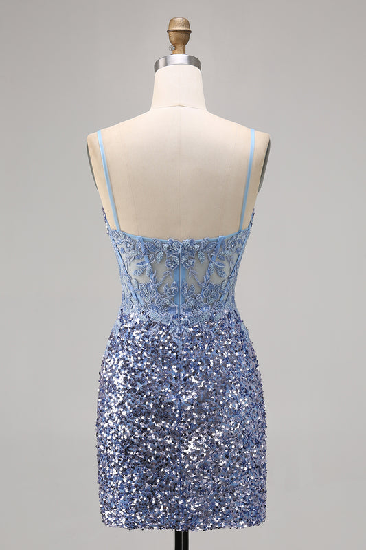Sparkly Grey Blue Corset Sequins Tight Short Homecoming Dress with Slit