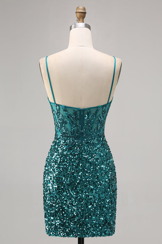 Sparkly Peacock Green Sequins Spaghetti Straps Short Homecoming Dress