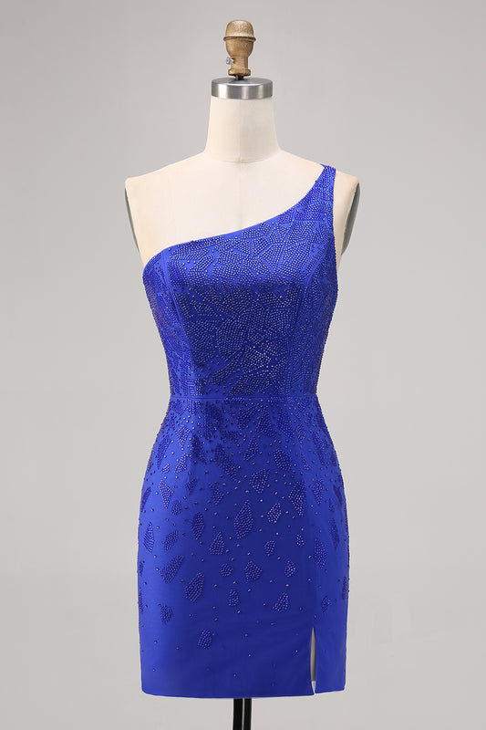 Sparkly Royal Blue One Shoulder Tight Short Homecoming Dress with Slit