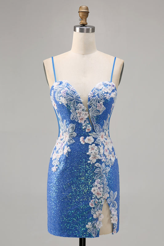 Sparkly Blue Spaghetti Straps Floral Short Homecoming Dress with Slit