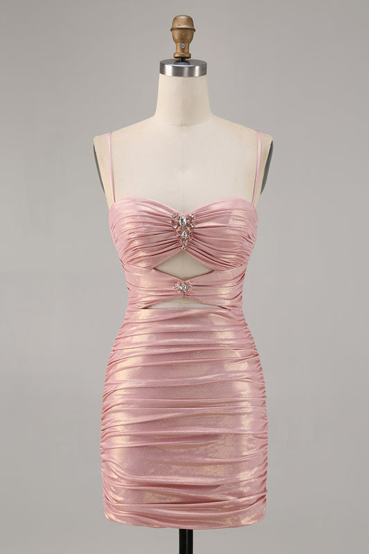 Blush Metallic Spaghetti Straps Cut Out Tight Short Homecoming Dress