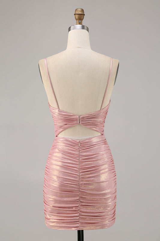 Blush Metallic Spaghetti Straps Cut Out Tight Short Homecoming Dress
