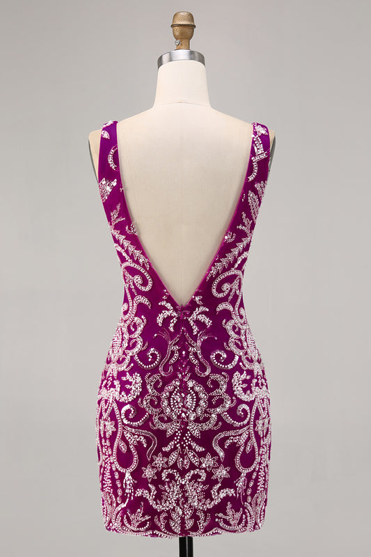 Sparkly Fuchsia V-Neck Tight Short Homecoming Dress with Beading
