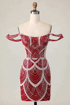 Sparkly Red Off the Shoulder Tight Short Homecoming Dress with Beading