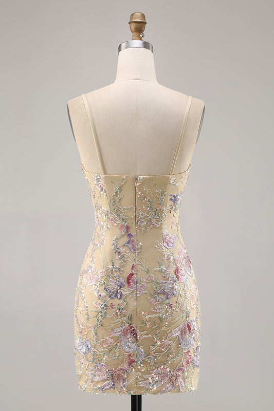 Apricot Floral Spaghetti Straps Tight Short Homecoming Dress