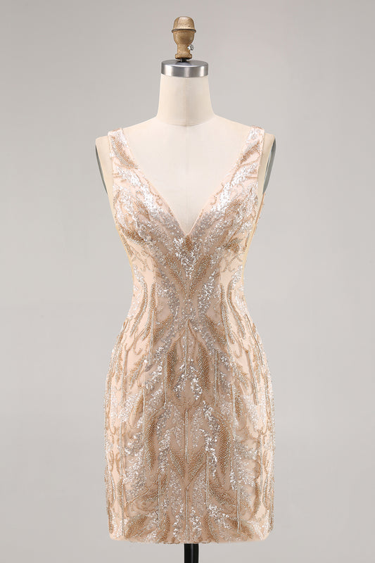 Sparkly Champagne V-Neck Short Sequin Tight Homecoming Dress