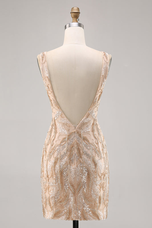 Sparkly Champagne V-Neck Short Sequin Tight Homecoming Dress