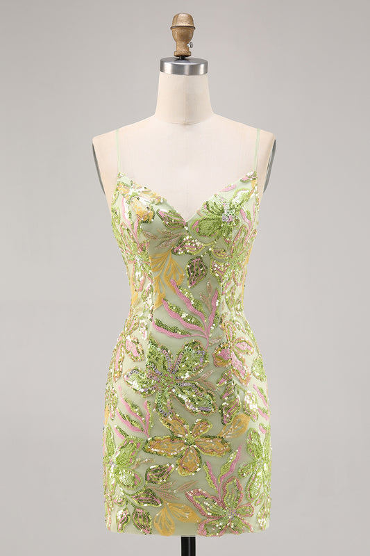 Zapaka Sparkly Green Floral Short Sequin Homecoming Dress Backless Tight Cocktail Dress Spaghetti Straps Hoco Dress