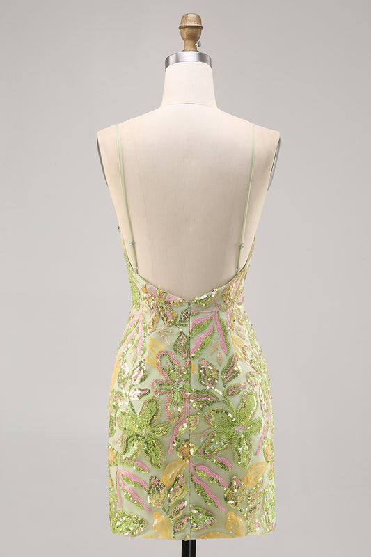 Sparkly Green Spaghetti Straps Short Sequin Floral Tight Homecoming Dress