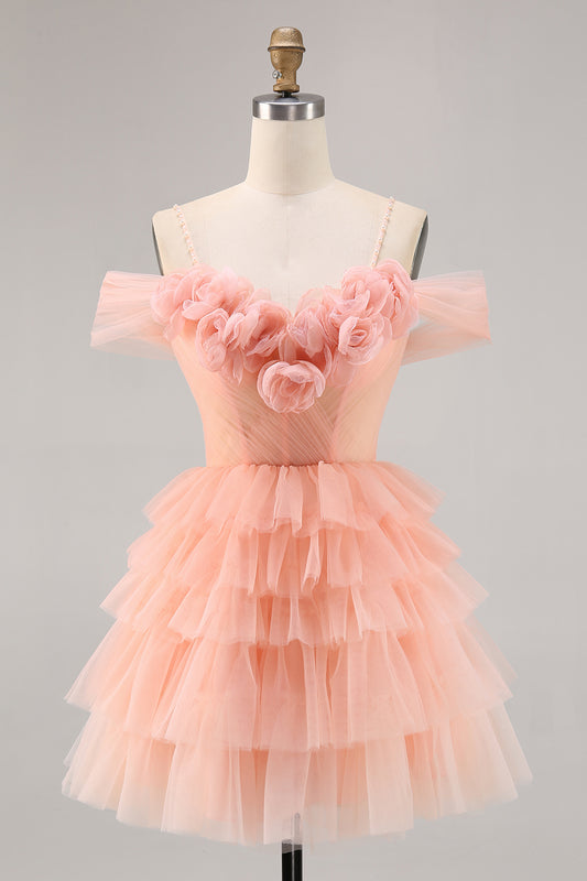 Blush Cold Shoulder Tulle A Line Short Homecoming Dress with Ruffles