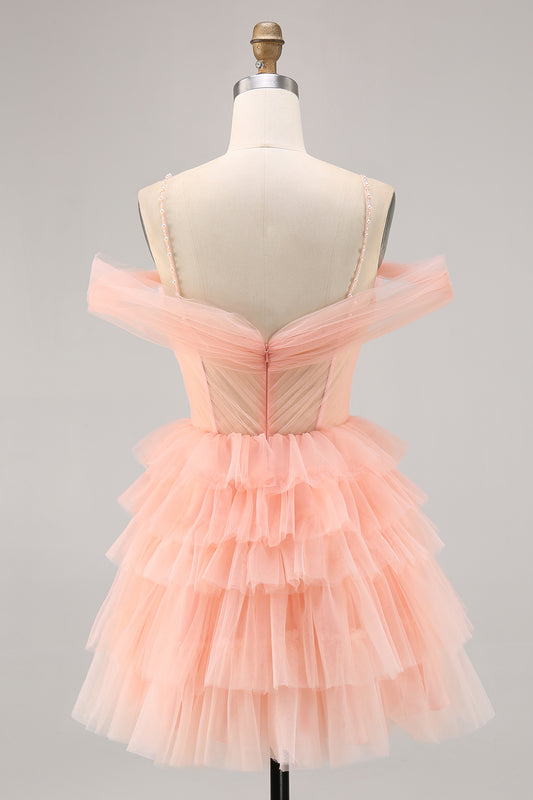Blush Cold Shoulder Tulle A Line Short Homecoming Dress with Ruffles