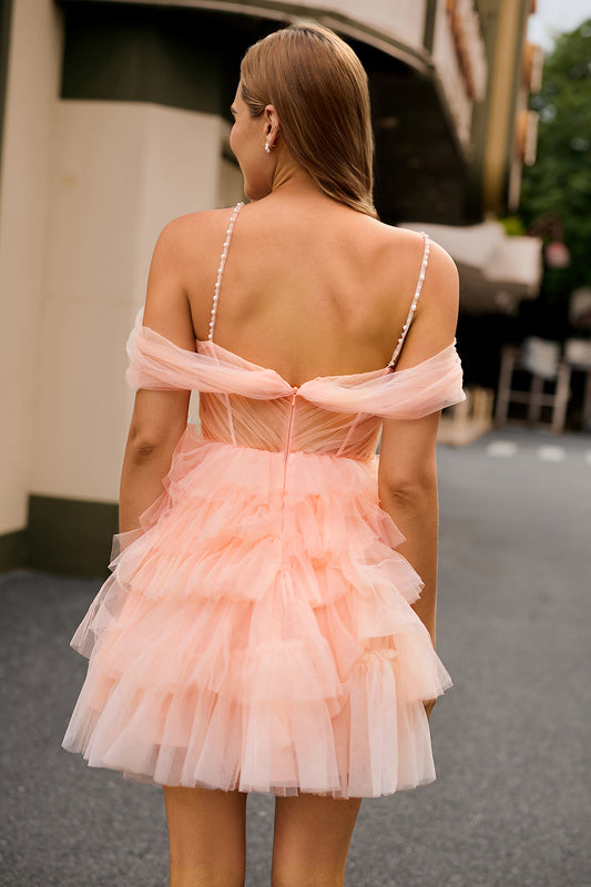 Blush Floral Cold Shoulder Tulle Tiered Short Homecoming Dress with Ruffles