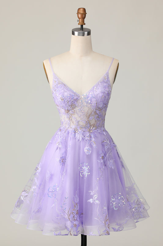 Sparkly Purple A Line Short Floral Homecoming Dress with Lace