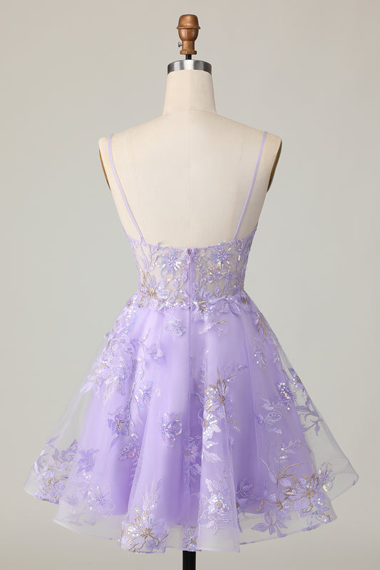 Sparkly Purple A Line Short Floral Homecoming Dress with Lace