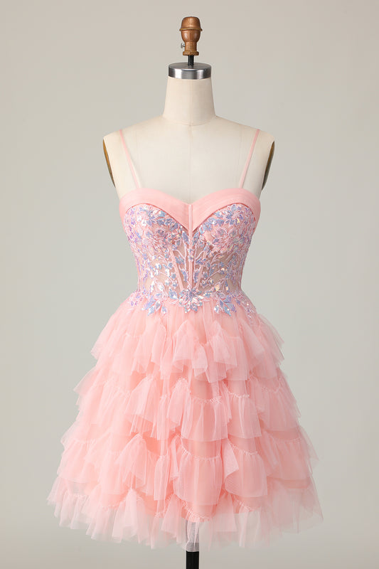 Pink Tulle Spaghetti Straps Corset Short Homecoming Dress with Ruffles