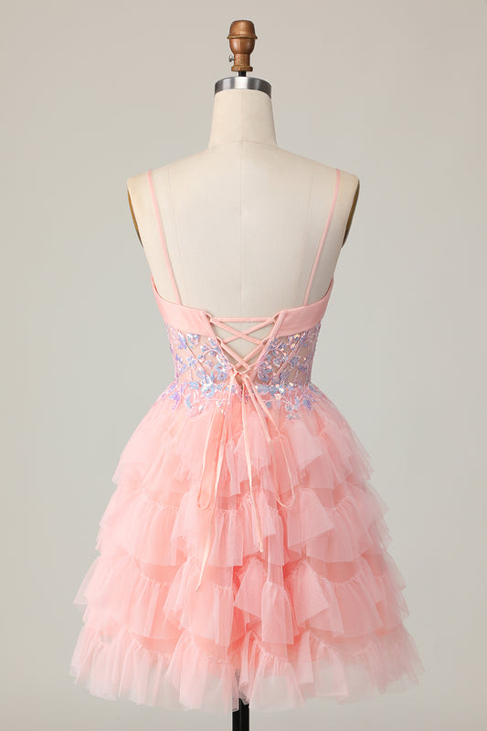 Pink Tulle Spaghetti Straps Corset Short Homecoming Dress with Ruffles
