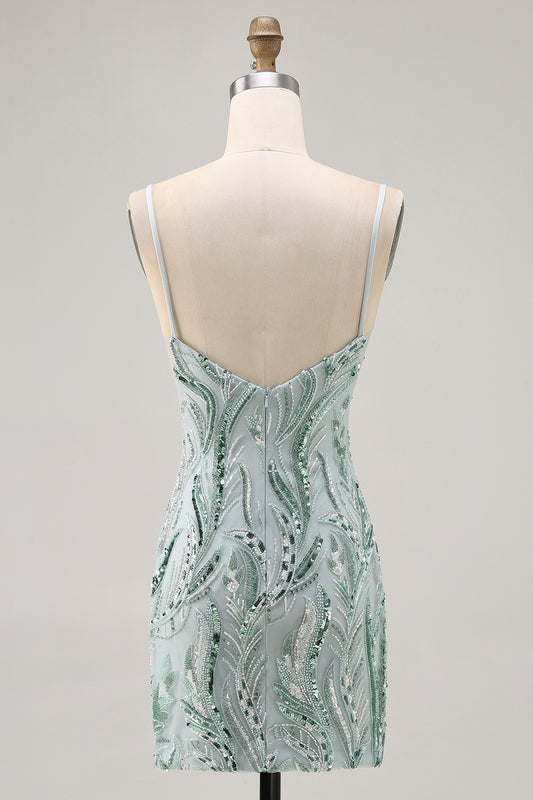 Sparkly Green Tight Beaded Short Homecoming Dress with Sequins