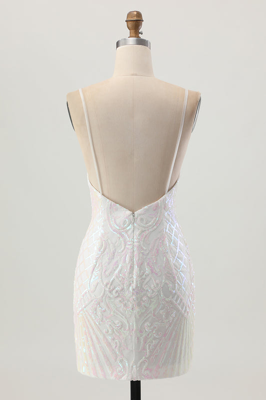 Sparkly White Spaghetti Straps Sequin Short Homecoming Dress