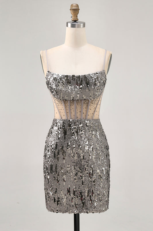 Sparkly Steel Grey Sequin Tight Short Corset Homecoming Dress