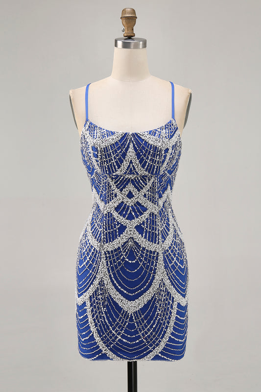Sparkly Royal Blue Tight Short Homecoming Dress with Beading
