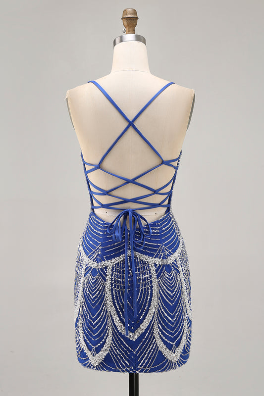 Sparkly Royal Blue Tight Short Homecoming Dress with Beading