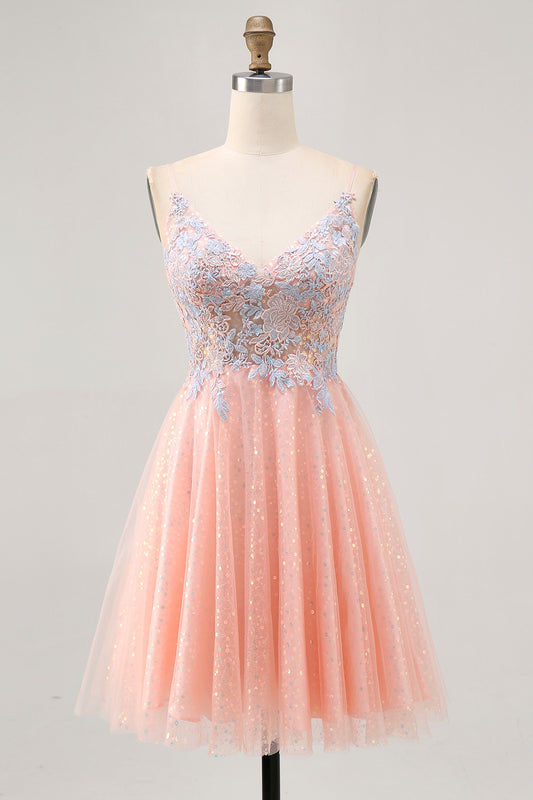Sparkly Blush and Blue Appliqued Short Homecoming Dress with Sequins