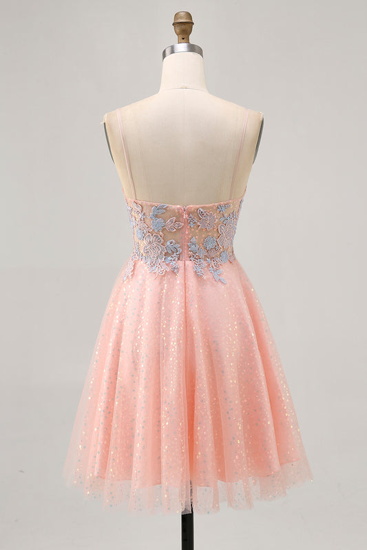 Sparkly Blush and Blue Appliqued Short Homecoming Dress with Sequins