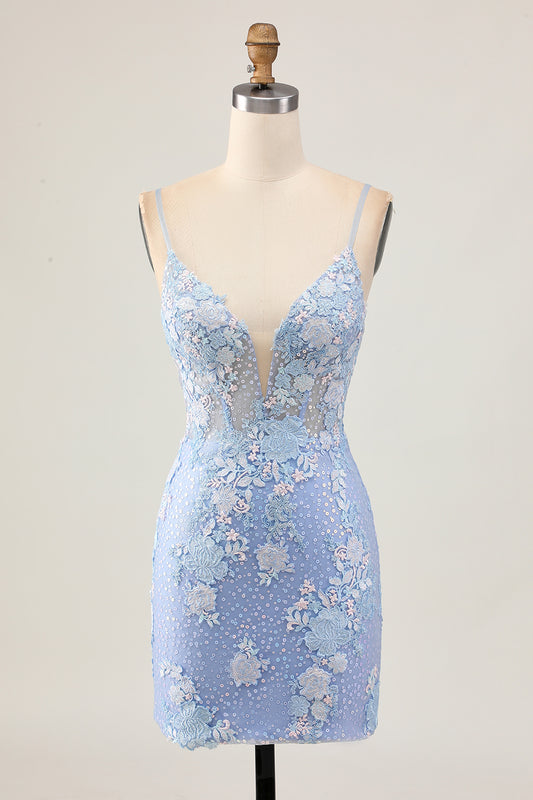 Sparkly Light Blue Floral Tight Short Corset Homecoming Dress with Appliques