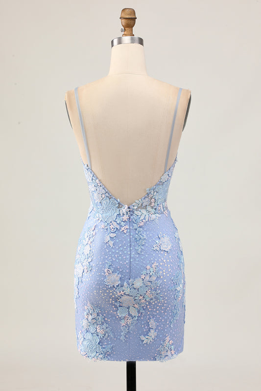 Sparkly Light Blue Floral Tight Short Corset Homecoming Dress with Appliques