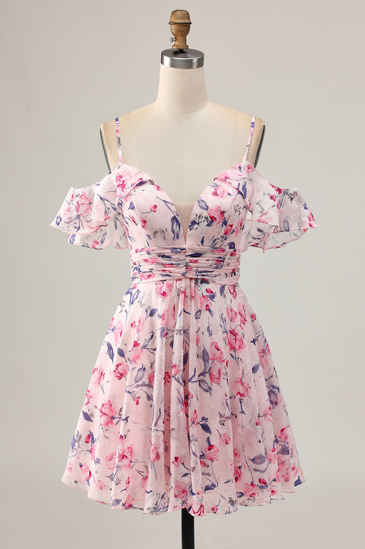 Pink Floral Chiffon Ruched Short Homecoming Dress with Ruffles