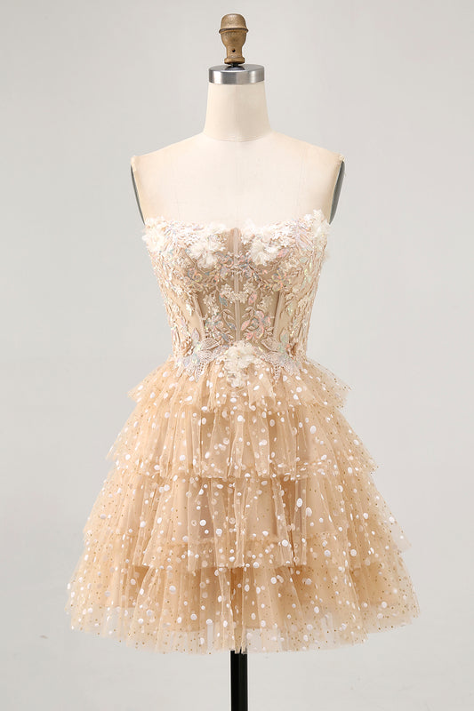 Sparkly Champagne Floral Short Corset Polka Dots Homecoming Dress