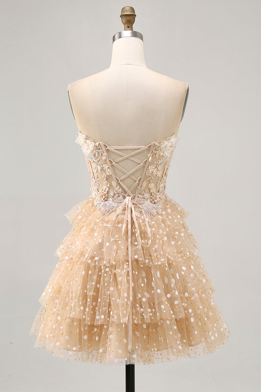 Sparkly Champagne Floral Short Corset Polka Dots Homecoming Dress