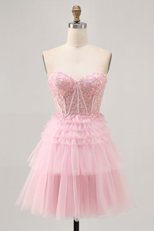 Sparkly Pink Corset Tulle Short Homecoming Dress with Lace