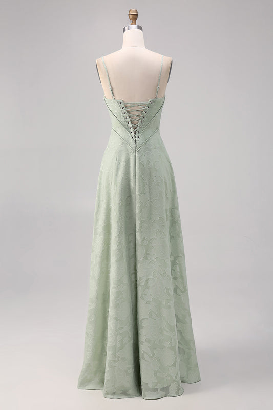 Sage Green Floral Lace Corset Spaghetti Straps Long Bridesmaid Dress