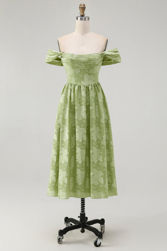 Sage Green Off the Shoulder Floral Midi Bridesmaid Dress