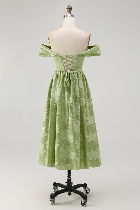 Sage Green Off the Shoulder Floral Midi Bridesmaid Dress